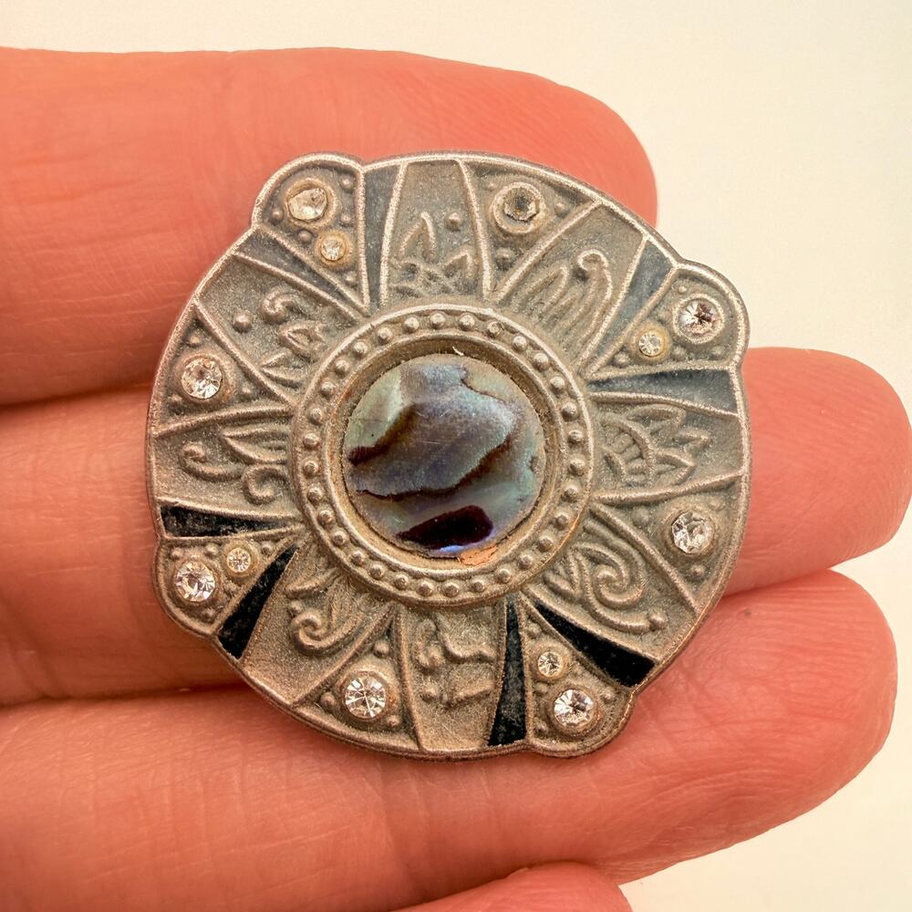 Vintage Signed Aztec Sun Pin Brooch Abalone Shell Rhinestone Silver Tone